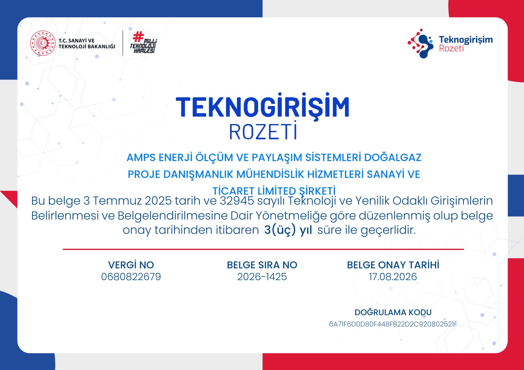 Republic of Türkiye Ministry of Industry and Technology Techno-Initiative Capital Badge document, actual document image