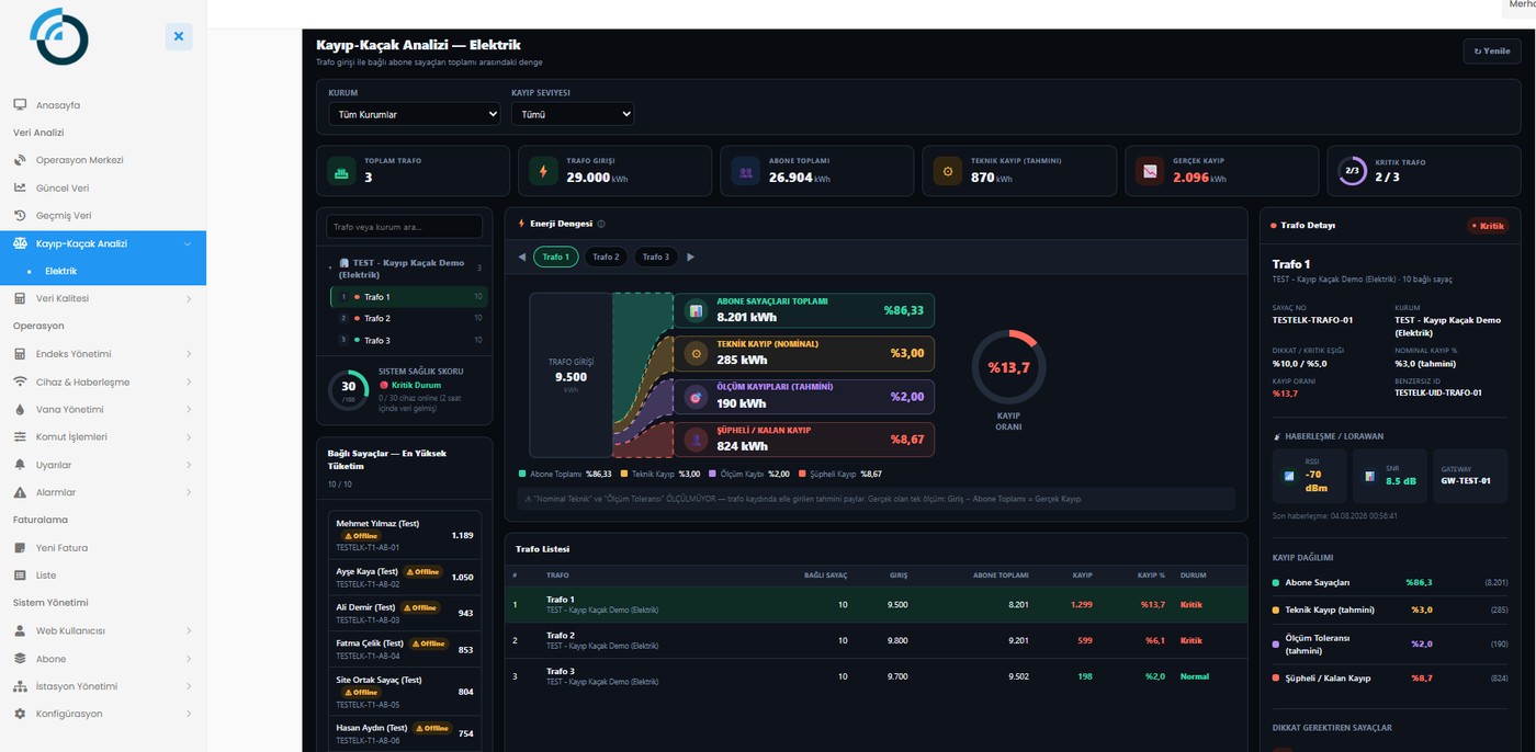 Loss/Leak Analysis screenshot — comparison of transformer input versus the sum of connected subscriber meters