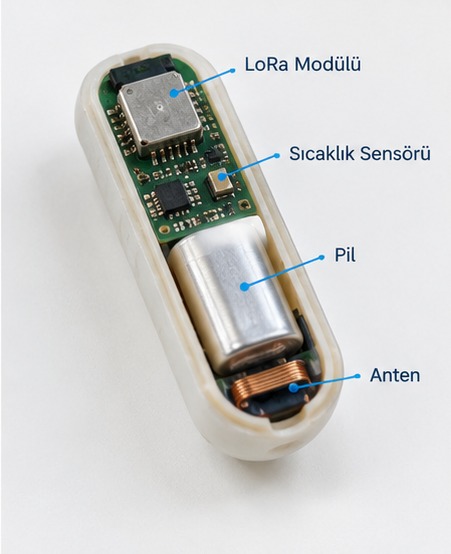 Inside the bio-capsule: LoRa module, temperature sensor, battery and antenna