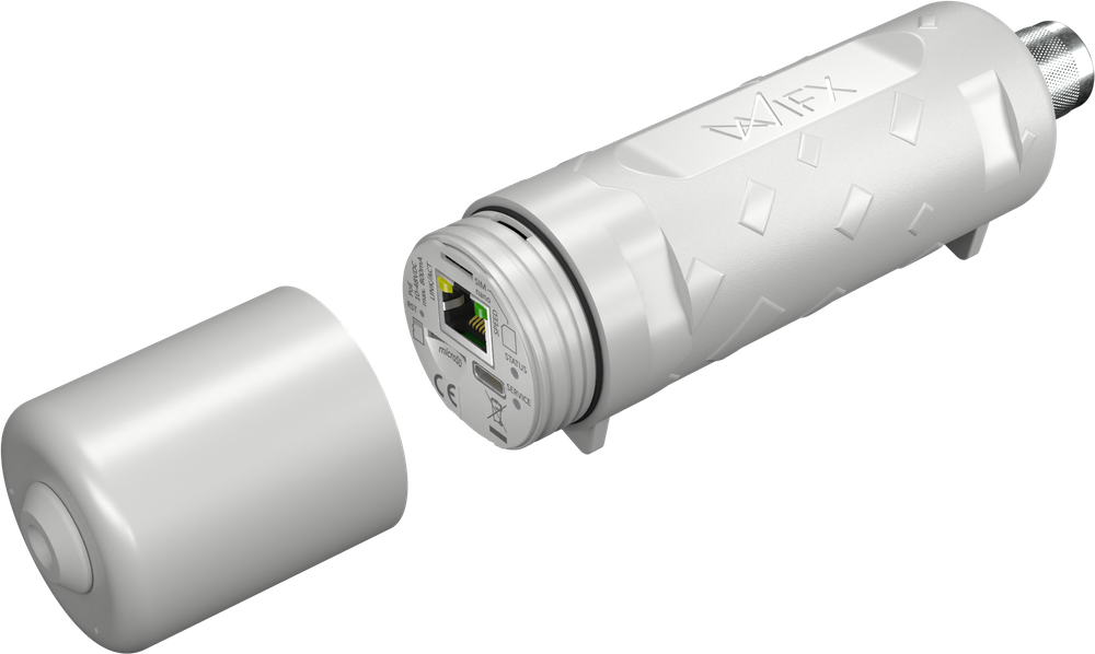 WIFX L1 4G with service cover open, showing Ethernet/SIM/microSD/USB-C ports