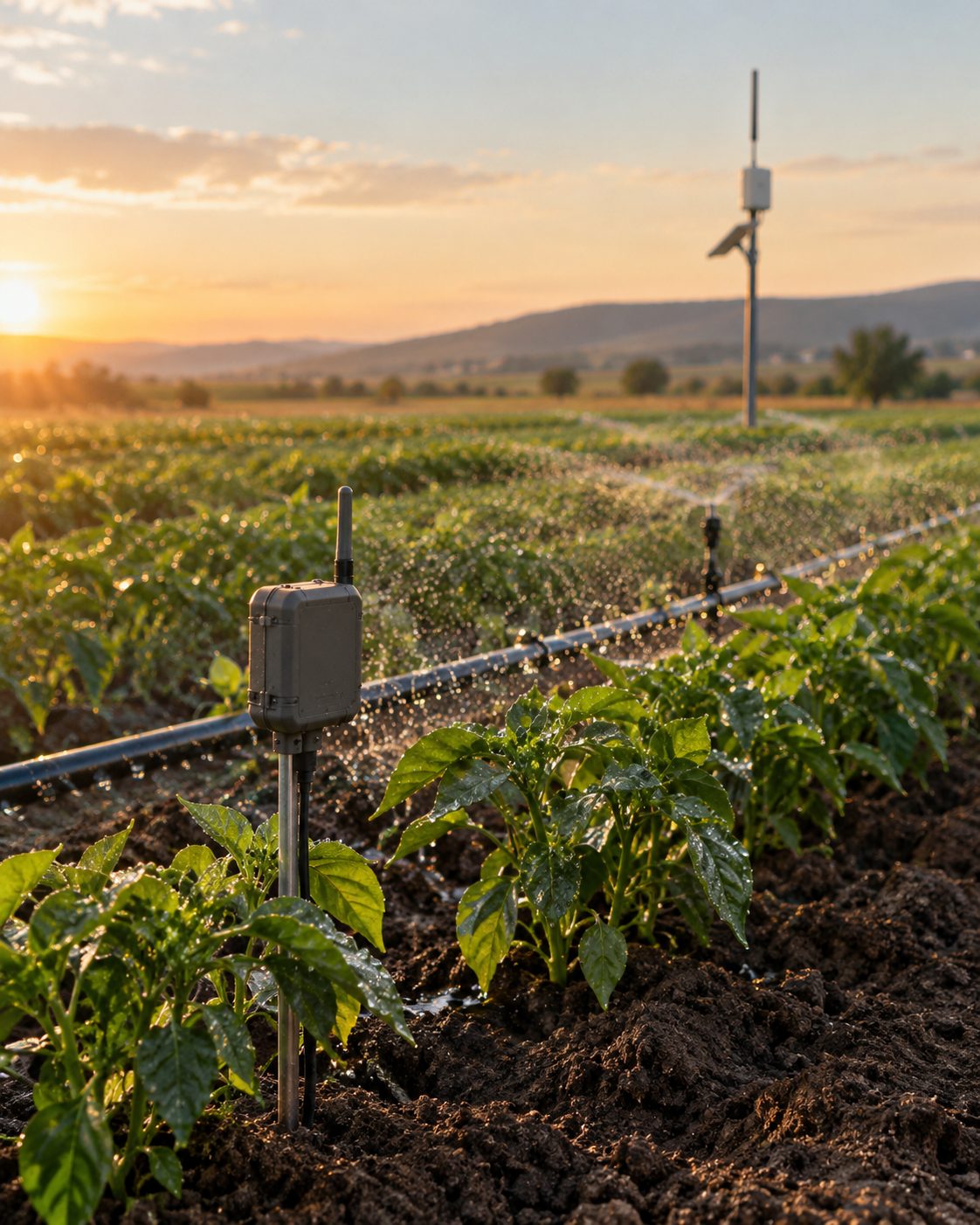 LoRa soil moisture sensor placed in agricultural land alongside a drip irrigation line